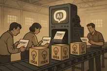 Three workers on an "idea assembly line", feeding prompts into AI and packaging the ideas it produces. 